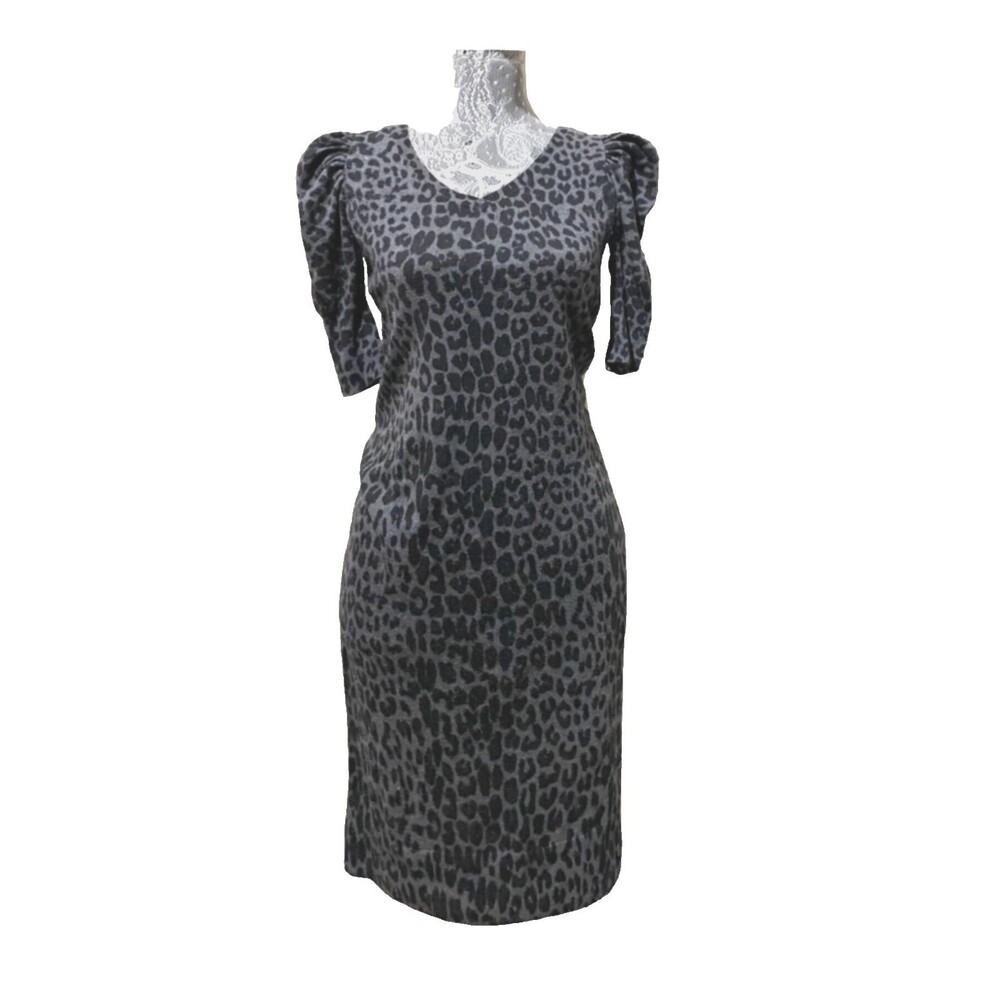 A.N.A A New Approach Charcoal Gray Leopard Print Puff Sleeve Sweater Dress S